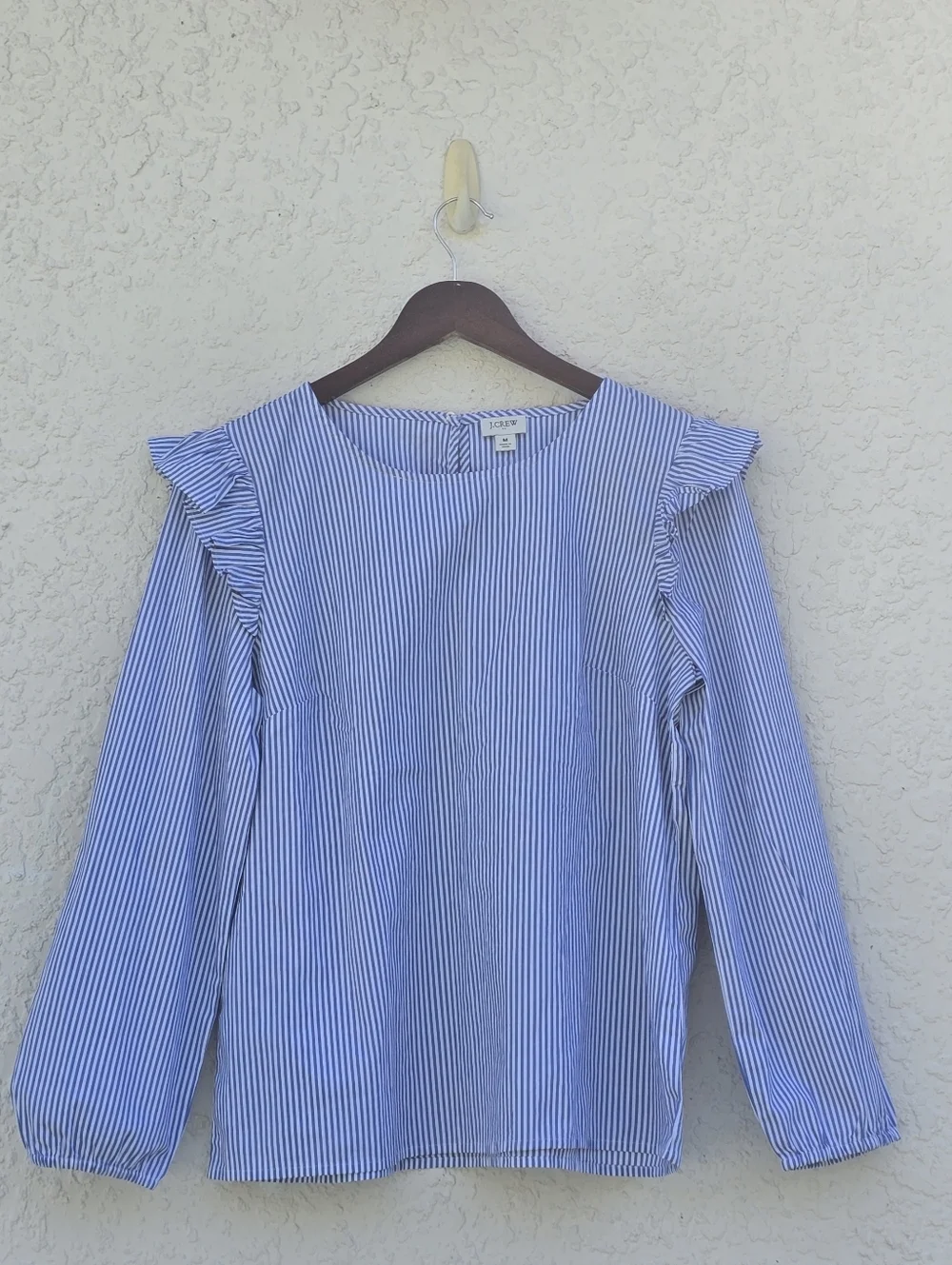 ​J. Crew Blue & White Striped Ruffle Shoulder Long Sleeve Blouse - Size M